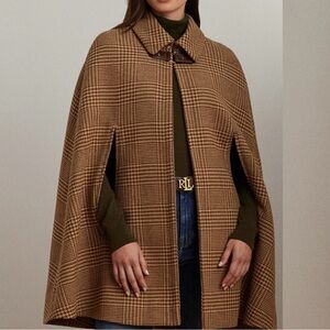 STUNNING Ralph Lauren Brown Wool Blend Herringbone Check Cape, XS SMALL